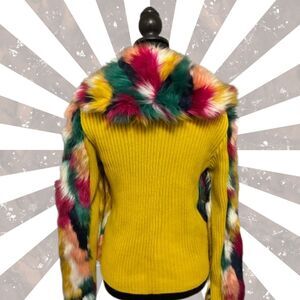 Luii Cardigan Sweater Faux Fur Women's Size Small Multicolored Yellow Eclectic